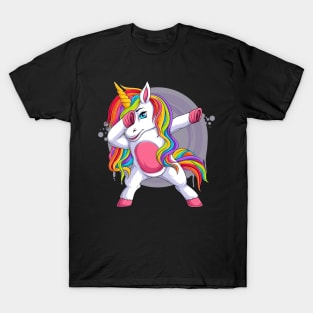 funny unicorn with blue eyes doing dabbing dance T-Shirt